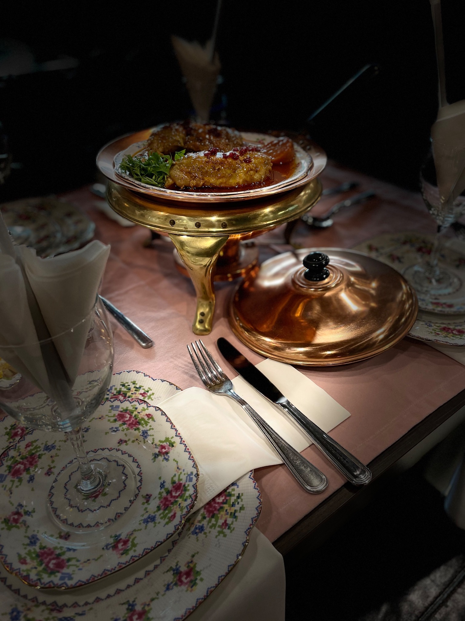 Table setting — gilded stand & copper cloche