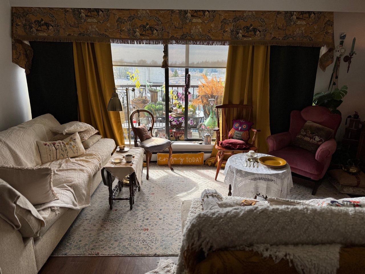 Eclectic living room — layered warmth