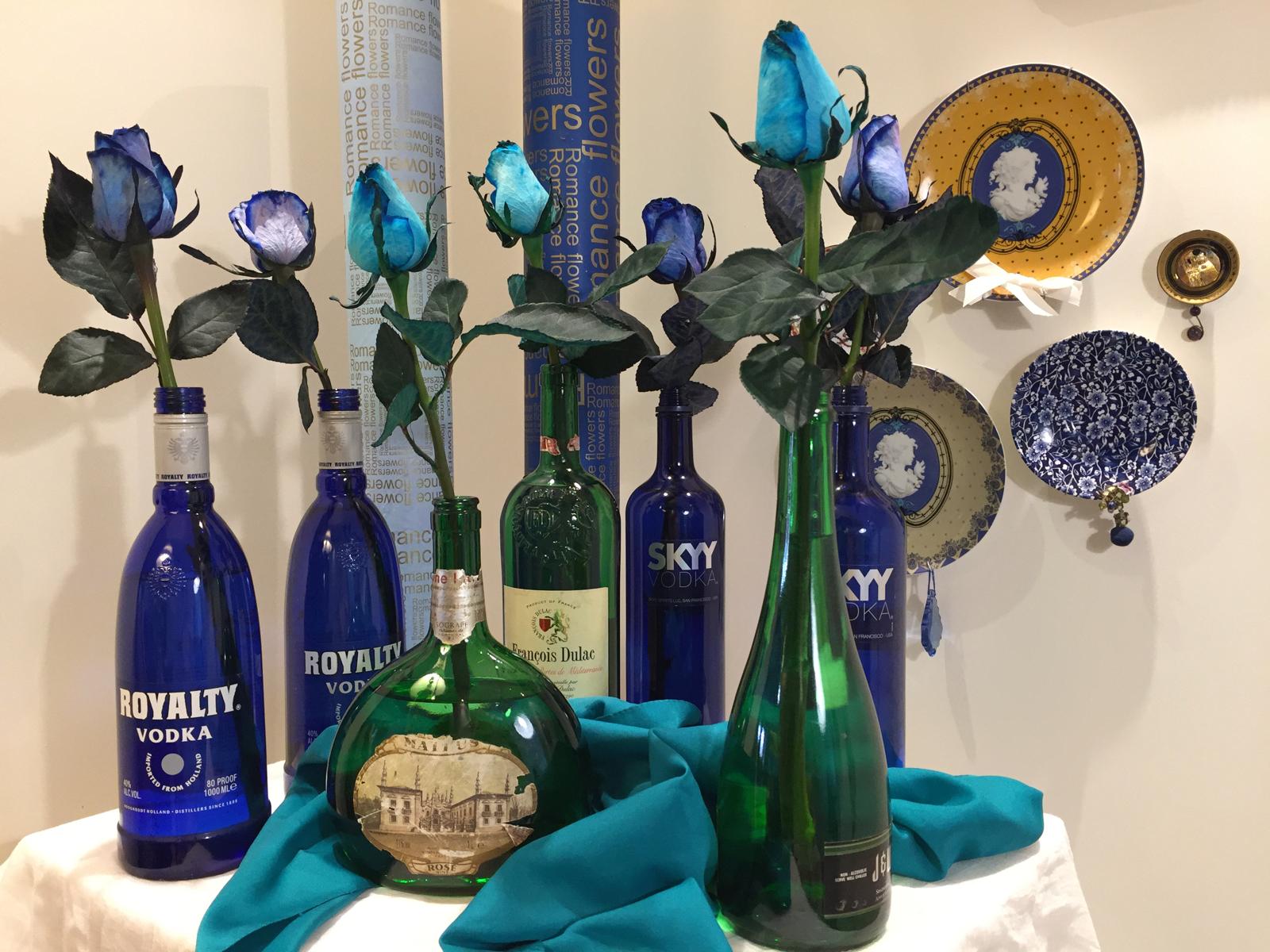 Styling — blue roses & vintage bottles